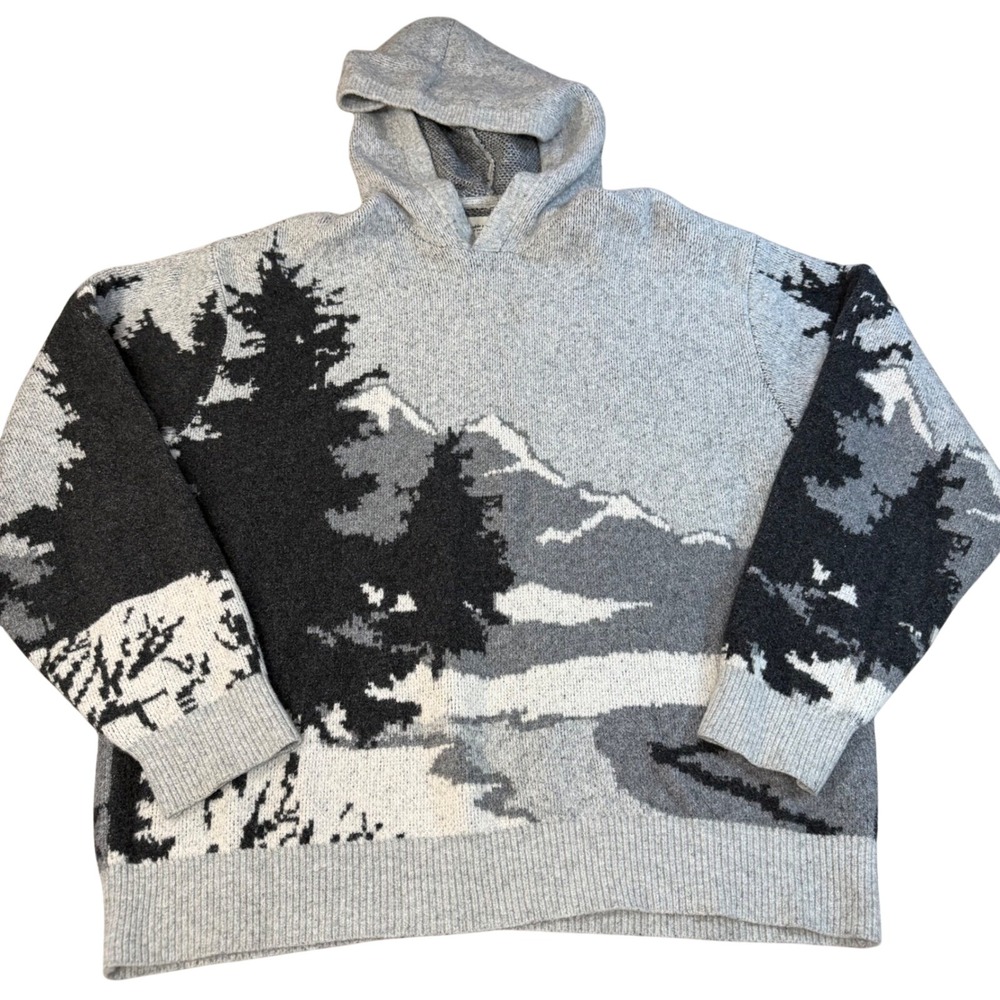 Abercrombie & Fitch Mens Mountain Forest Landscape Knit Hoodie Gray Black M